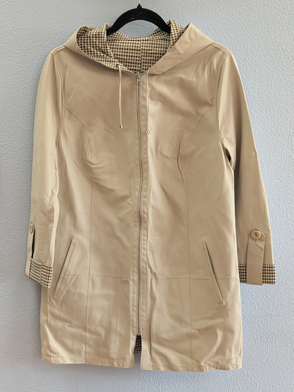 Eymen Deri Lambskin Leather Beige Hooded Lightweight Women's Coat